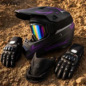 CVXVC Casco Moto Offroad Cara Completa, Carcasa Robusta & Gráficos Morado Mate, Set 4 Piezas con Accesorios Incluidos, Para Hombres Mujeres Motocross Enduro & Pista, Protección Máxima Cómodo Ventilado Ligero