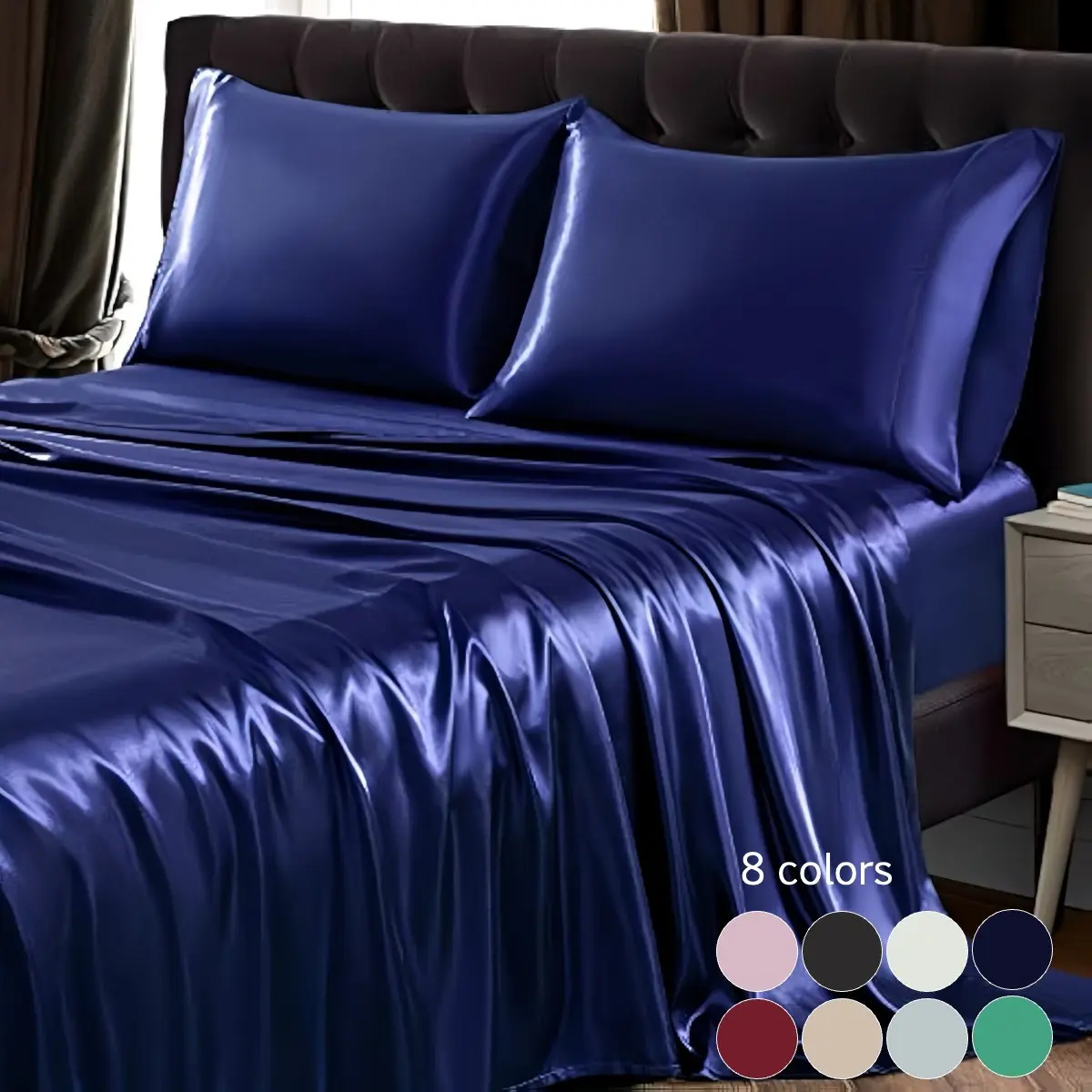 4-Piece Luxury Satin Silky Bedding Set, Soft Skin-Friendly Breathable Fabric, Cool Comfortable Dust-Proof Stain-Resistant Fitted Sheet & Pillowcases