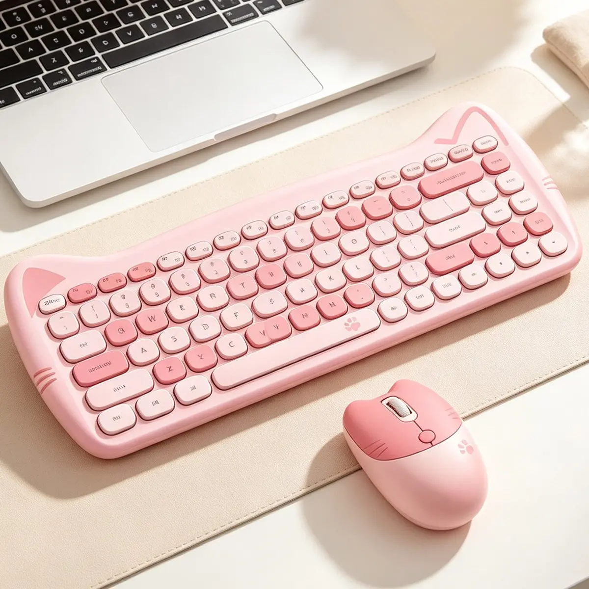 GEEZER Cat Ear Wireless Keyboard and Mouse Set, Cute Pink Cat‑Shaped 75% Compact Portable Combo for Laptop & Desktop
