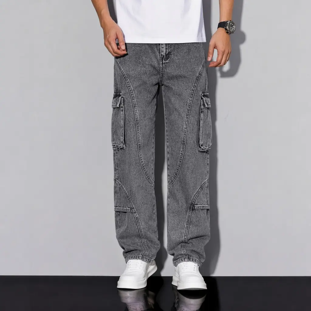 Men's Straight Denim Cargo Jeans,Acid Wash Grey Utility Combat Pants,Y2K Streetwear Curved Stitching Trousers,Summer Casual Skater Bottoms