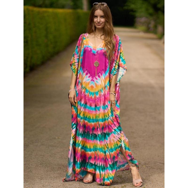 All Over Batwing Sleeve V Neck Maxi Dress,  Moo Moo Dress Summer Designer Clothes, Womenswear Boho Comfort Womenswear Half Sleeve Kaftan for Lady, Holiday Dresses, Clothing for Casual Wear Back To School Moo Moo Dresses