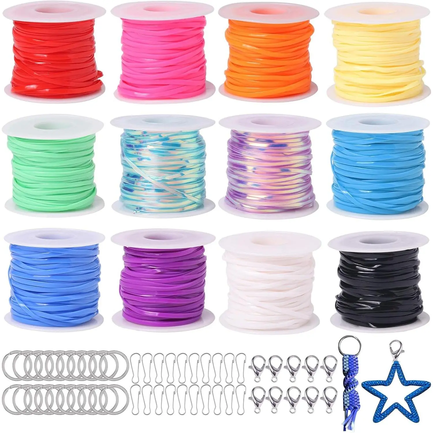Lanyard String Kit, 12 Rolls Boondoggle Gimp String Plastic Lacing Cord | 792FT, with 60pcs Keychain Lanyard Accessories,Include Laser Color for Bracelet, Keychain Making, DIY Craft Kit