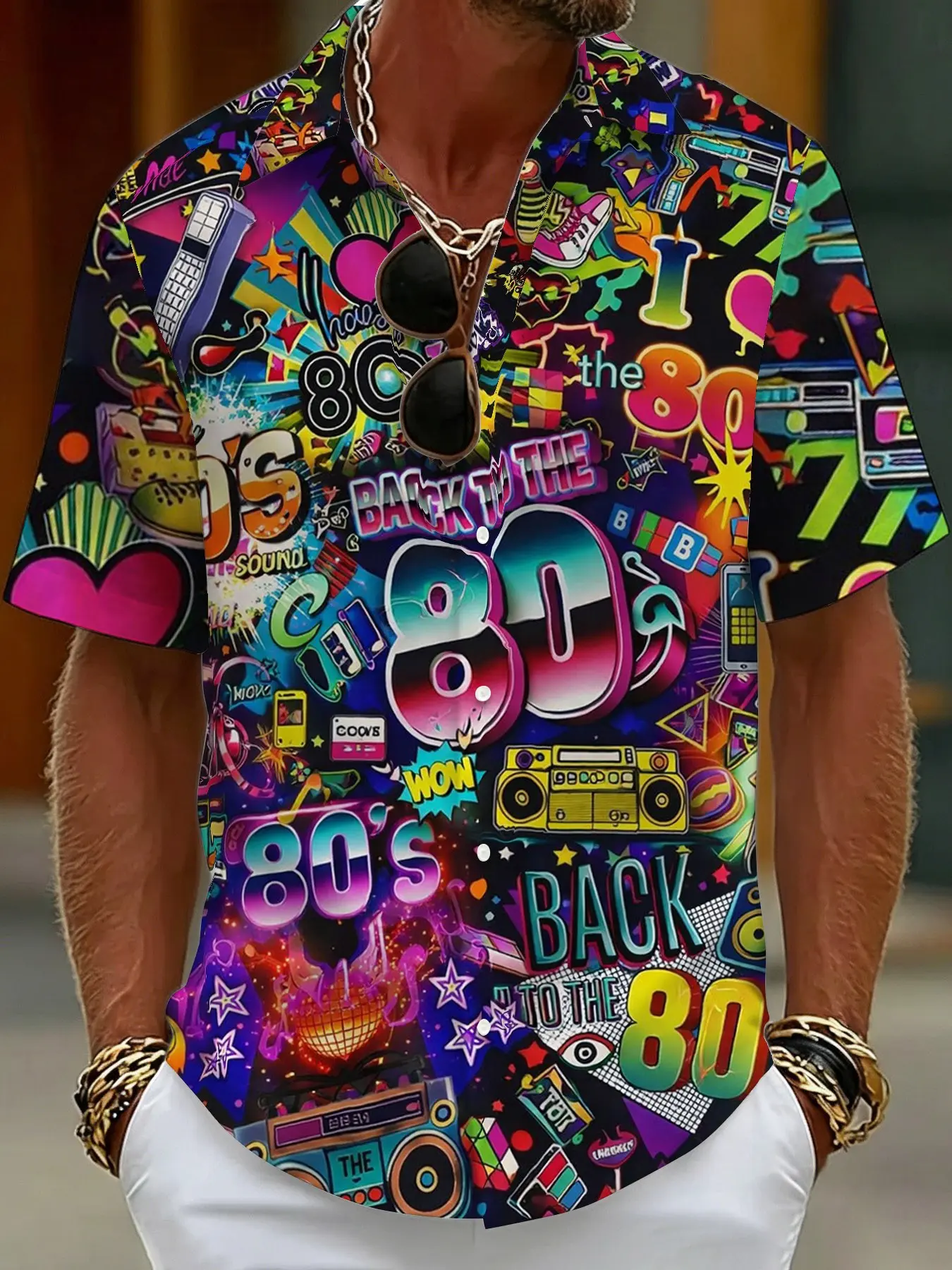 80s Retro Disco Graffiti Print Short-Sleeved Collared Casual Fashion Shirt, a Trendy and Individual Men's Top