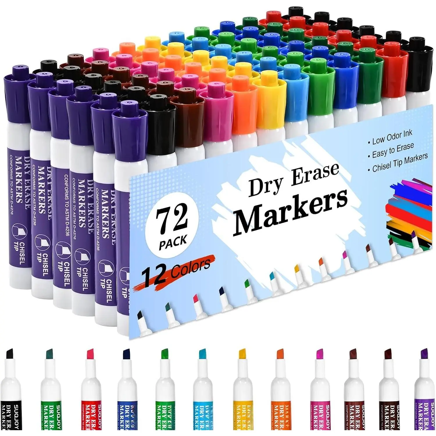 Dry Erase Markers Chisel Tip 72 Pack 12 Colors Whiteboard Markers for Office Meetings Presentations Bulk Set