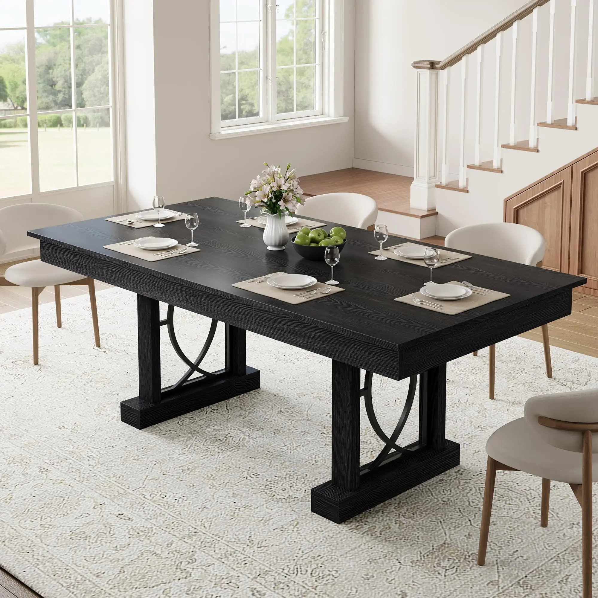 71-Inch Rectangular Wooden Dining Table for 6-8 People - Double Pedestal, 2 Drawers, Sturdy Frame, Large Surface, Spacious Tabletop for Dining Area, Kitchen or Office