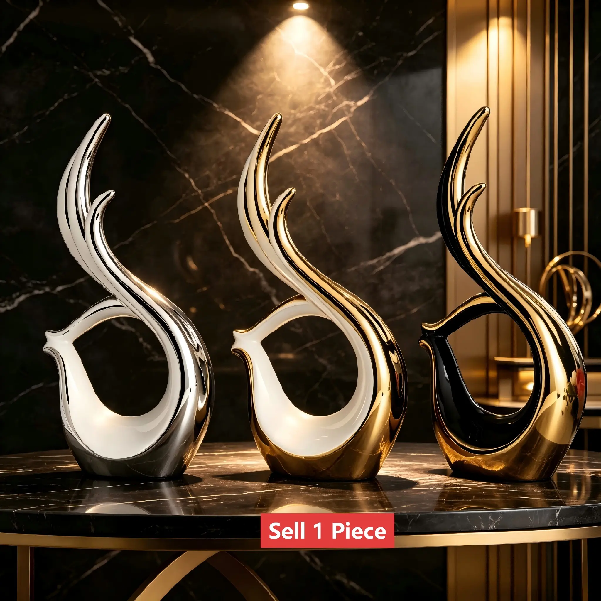 Luxury Abstract Ceramic Sculpture, Electroplated Gold Silver Desktop Decor, Minimalist Curve Art, Modern Home Décor, Office Shelf Ornament, Art Figurine, Moving Gift