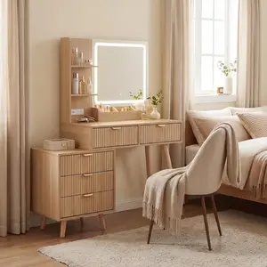 Vanity Desk with Lighted Mirror & Power Outlet, Makeup Vanity Table with 5 Drawers, Wave Panel Design, 3 Color LED Lighting, Storage Shelves for Bedroom