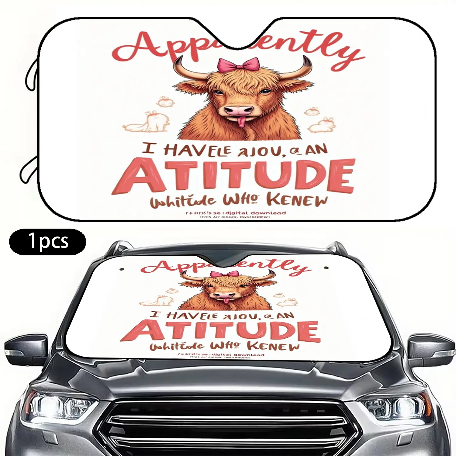 Longhorn Bull Bow Tie Tongue Out Attitude Slogan Car Sunshade, 1pc Car Windshield Sunshade, Car Interior Accessory, Pet Lovers, Summer UV Protection