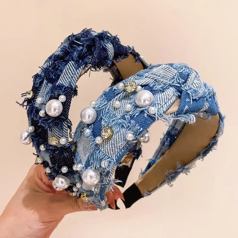 Korean Style Denim Wide Pearl Decor Headbands for Women Unique Design Trendy Outdoor Daily Hair Hoops Summer Fashion Hair Accessories