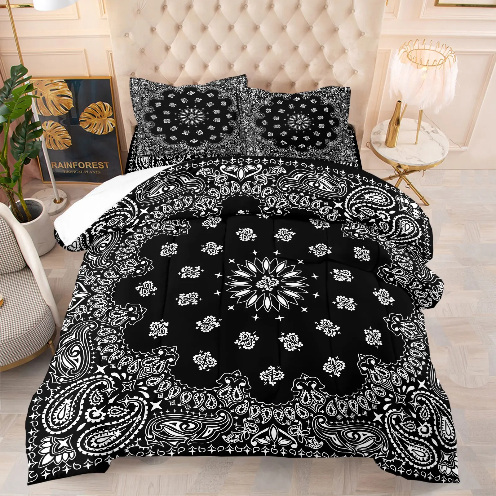 Black And White Paisley Comforter Set, Soft Breathable Western Style Bedding Set, 1 Quilt & 1-2 Coreless Pillowcases,  All Season Vintage Border Print Quilt For Bedroom Dorm And Apartment, Multiple Sizes Available