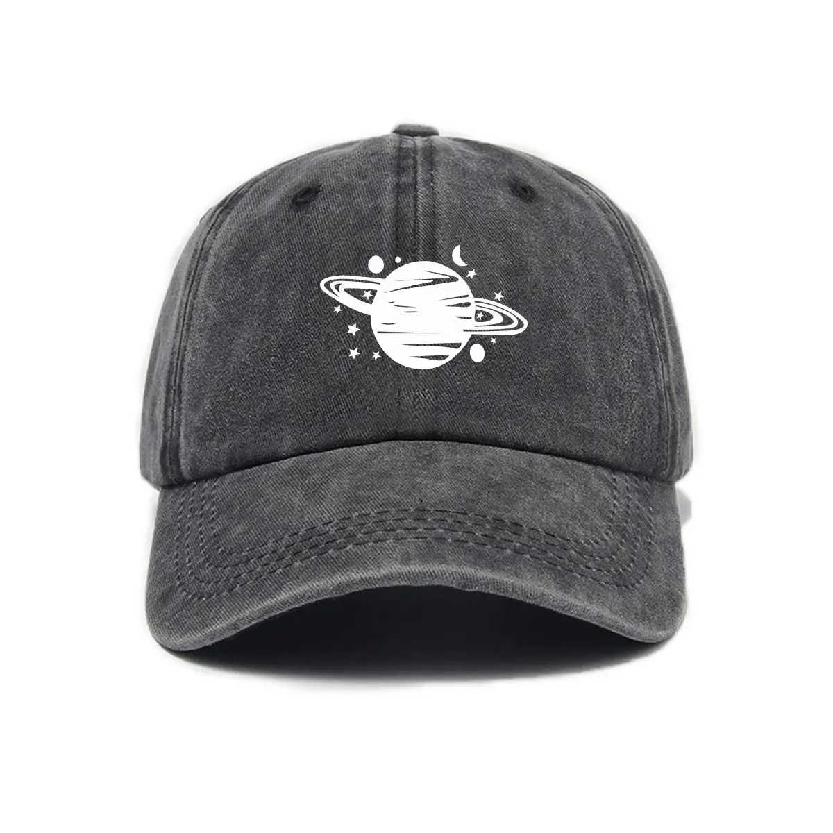 Vintage Washed Cotton Dad Hat with Saturn Planet Embroidery Detail - Unisex Adjustable Strapback for Vintage Streetwear, 1-Size-Fit-All, One-Size-Fit-All