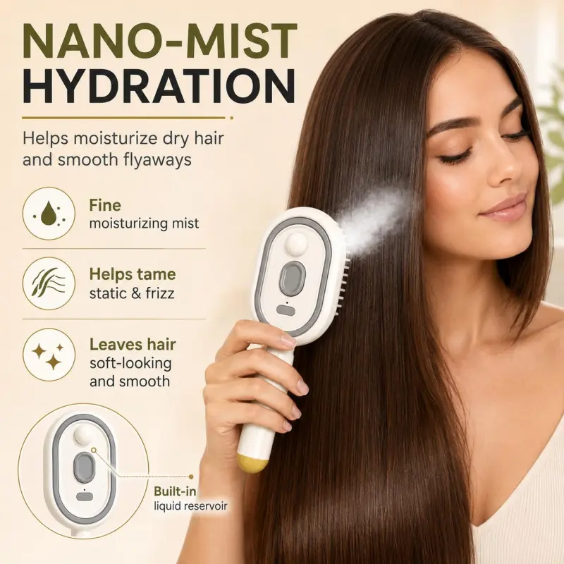 Electric Spray Air Cushion Massage Comb, Self-Cleaning Anti-Tangle Hair Brush, Detangling Hair Brush, Hair Detangler Brush, Hair Grooming Brush, Static-Free Scalp Massager, Dry Frizzy Hair Care, No Essential Oils, Detangling Hairbrush