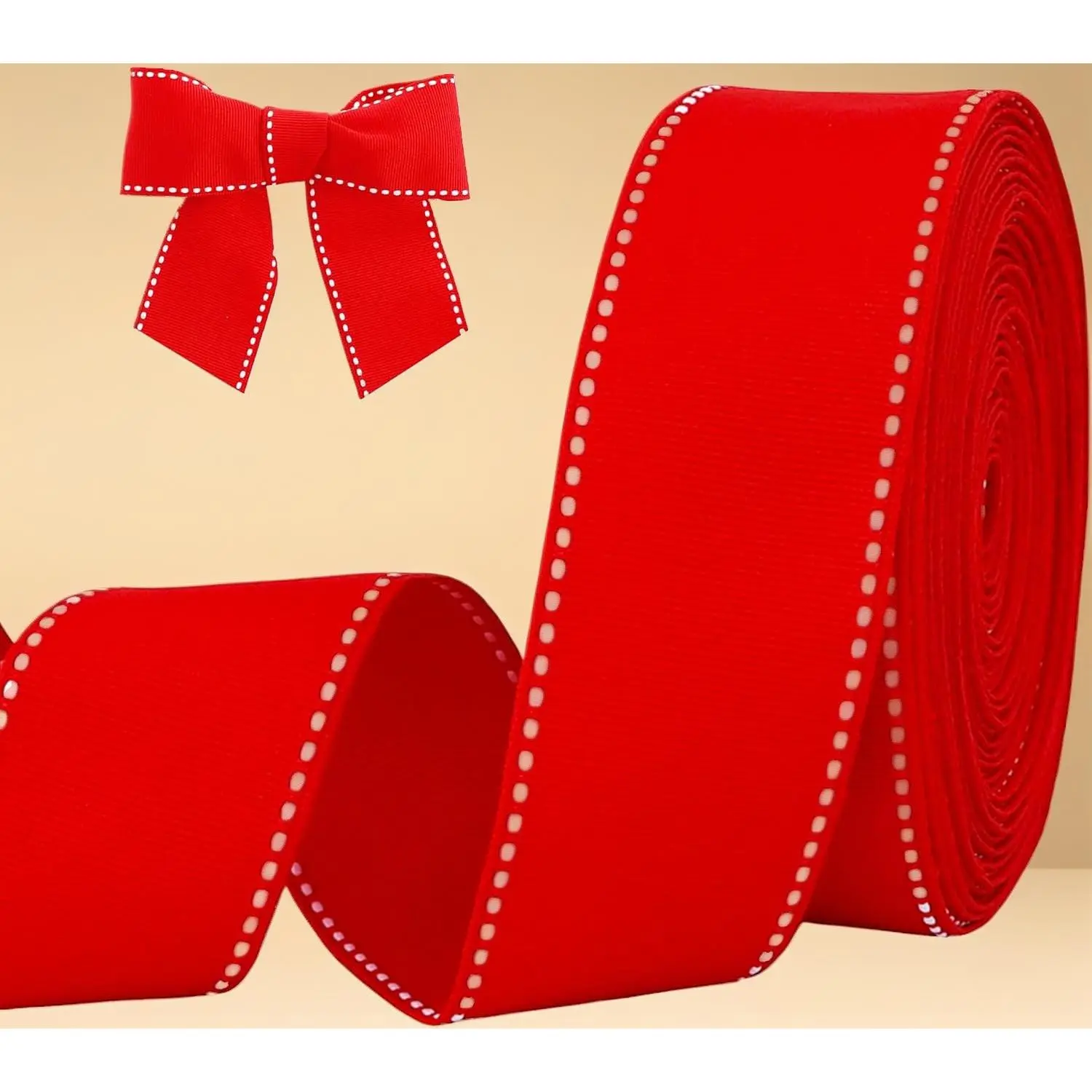 Red Stitched Edge Grosgrain Ribbon 1.5in 10Yd |   Craft Bow Gift Wrapping Holiday Party Decor Ribbon