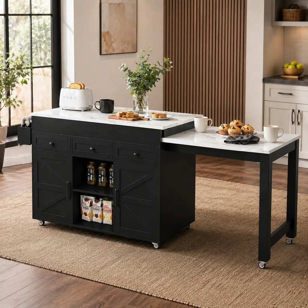 74.8in Extendable Kitchen Island with Black Finish & White Marble Veneer Top, Built-in Power Outlet, 3 Drawers, Floor Cabinets, Mobile Storage Cart, Rolling Dining Table for Small Spaces, 142.86 lbs