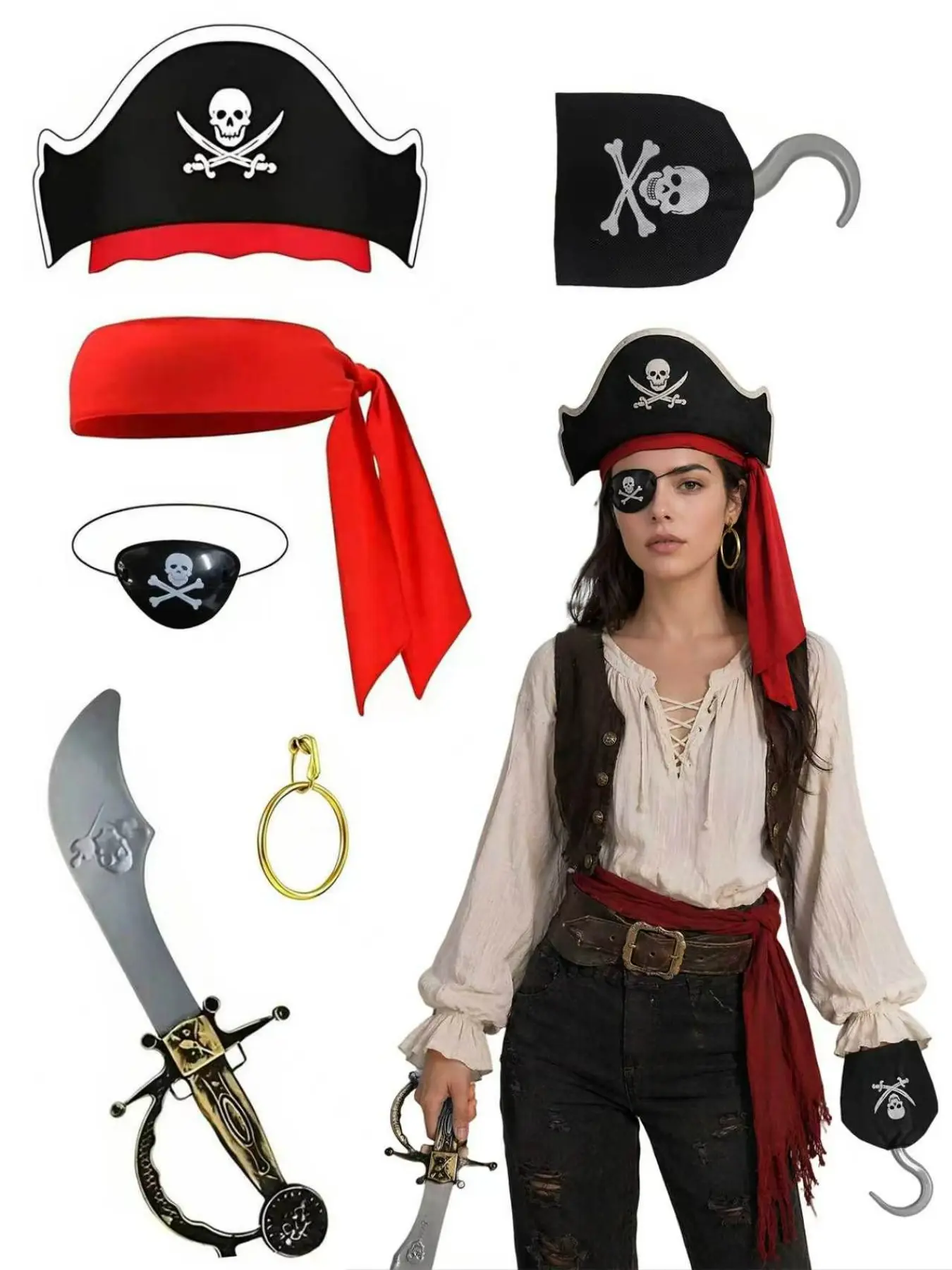 Halloween Cosplay Pirate Costume Set, 6-Piece Kit Includes Skull Hat, Scarf, Eye Patch, Hook Hand, Plastic Dagger, Earrings
