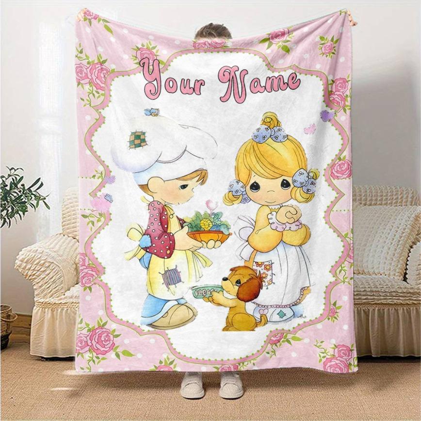 Precious Moments Custom Name Flannel Blanket Personalized Cute Angel Aesthetic Soft Warm Throw For Gamer Room Decor Dorm Essential Bed Sofa Home Holiday Gift