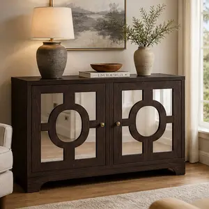 ARCH Elegant MDF Sideboard with 2 Acrylic Mirrored Doors, Adjustable Shelf & 3D Wood Grain Laminate - 59.70 lb Furniture, 15.55"Wx34.37"Dx34.06"H, Assembly Required, Buffet Cabinet for Living/Dining Room