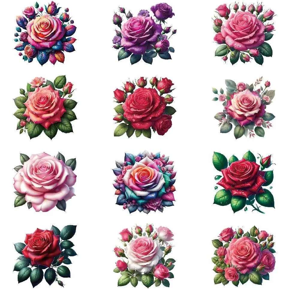 Rose Flower DTF Transfer Stickers,  Self-Adhesive , 2.36 Inch, 12 Pack, for DIY Cup Decoration