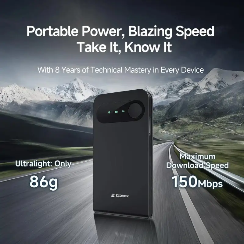 ECOVOX Global Portable WiFi Hotspot, 4G LTE Pocket Router, Multi-Carrier Support, 150Mbps, FCC Certified, 86g Lightweight, Free 1GB Data for Travel, RVs & Road Trips