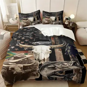 Western-Style Cowboy Bull Skull and Bass Pattern Duvet Cover Set, 2/3 Pieces (Includes 1 Comforter Cover + 1 or 2 Pillowcase, No Filling), Vintage Hunting Fishing American Flag Print Bedding Set, Country Style Men'S Bedroom DéCor, Soft and Comfortable.
