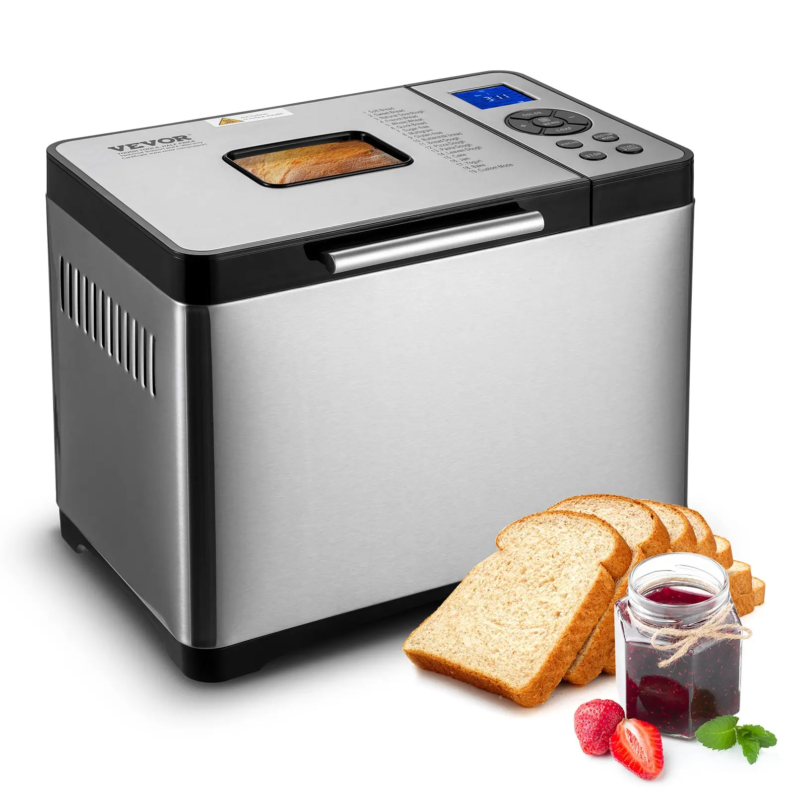 VEVOR Digital Control Bread Maker, 19-in-1 2LB Nonstick Ceramic Pan Dough Machine with Delay Timer, Gluten-Free Mode, Plastic Housing, 3 Loaf Sizes, 3 Crust Colors, Programmable Whole Wheat Baking Tool