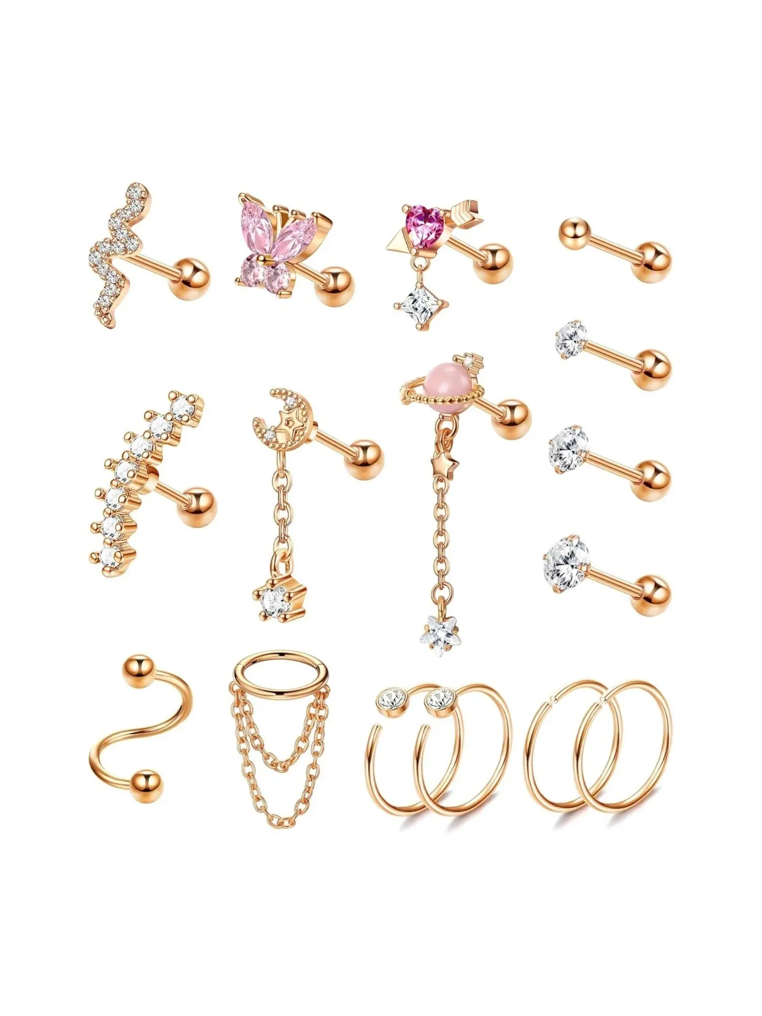 Elegant 16 Pcs Rose Golden Helix Earrings 16G Surgical Steel Cartilage Earrings for Women Men Helix Piercing Jewelry Conch Earrings Cartilage Piercing Jewelry Set Helix Pierced Ring
