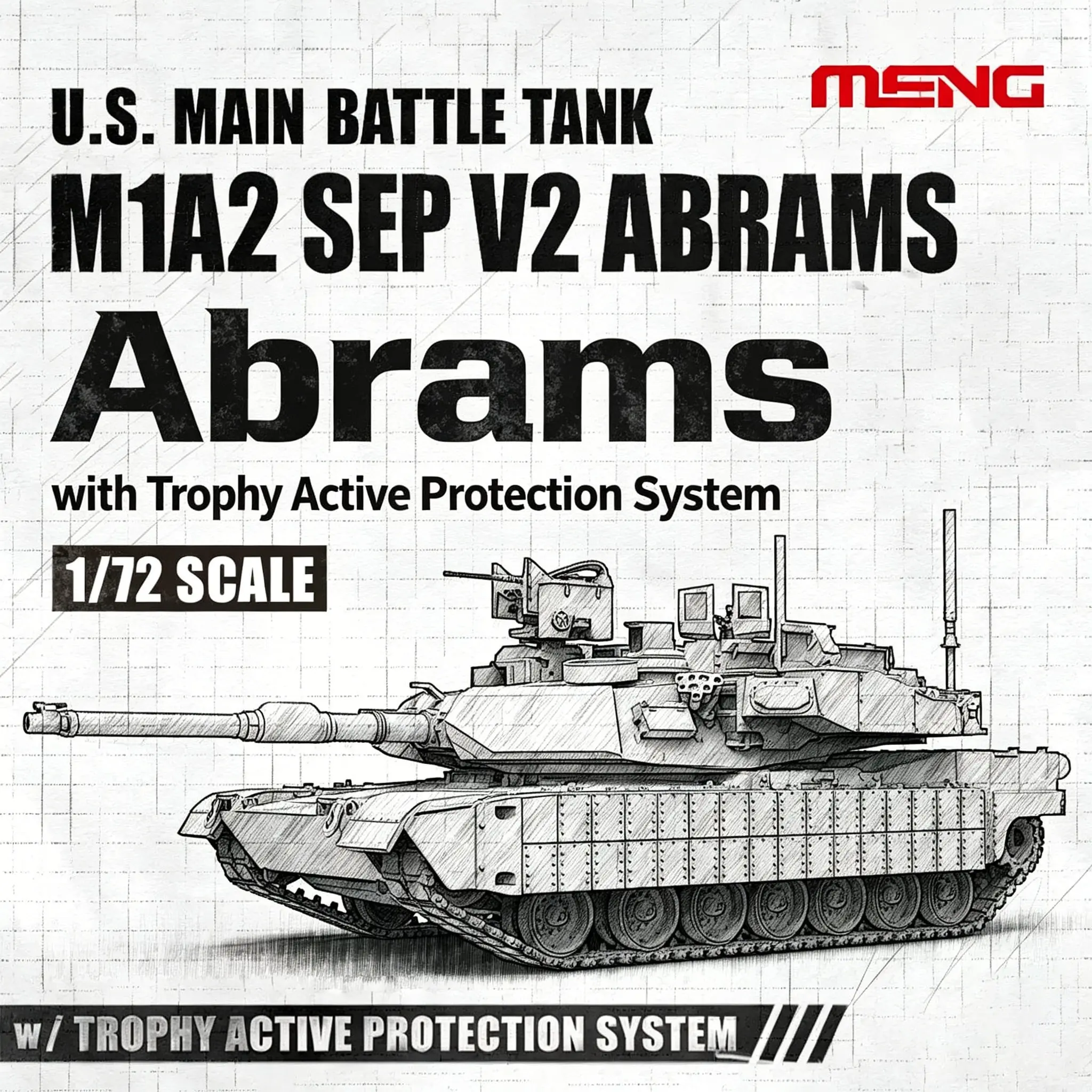 Meng 72-016 1/72 Scale U.s. Mbt M1a2 Sep V2 Abrams Model, Trophy Active Protection System Included, Detailed Military Vehicle Replica, Enthusiast, Hobbyist