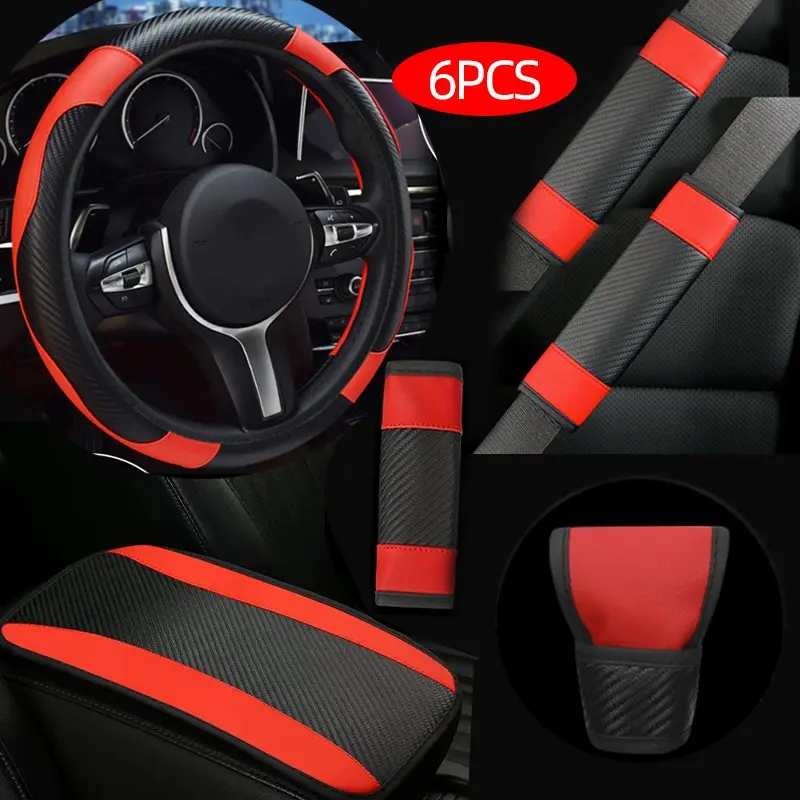 6pcs Car Carbon Fiber PU Leather Gear Shift Cover Set, Console Pad, Shoulder Protector, Steering Wheel Cover, Automotive Accessories, Interior Accessories for Car, Car Decoration Set
