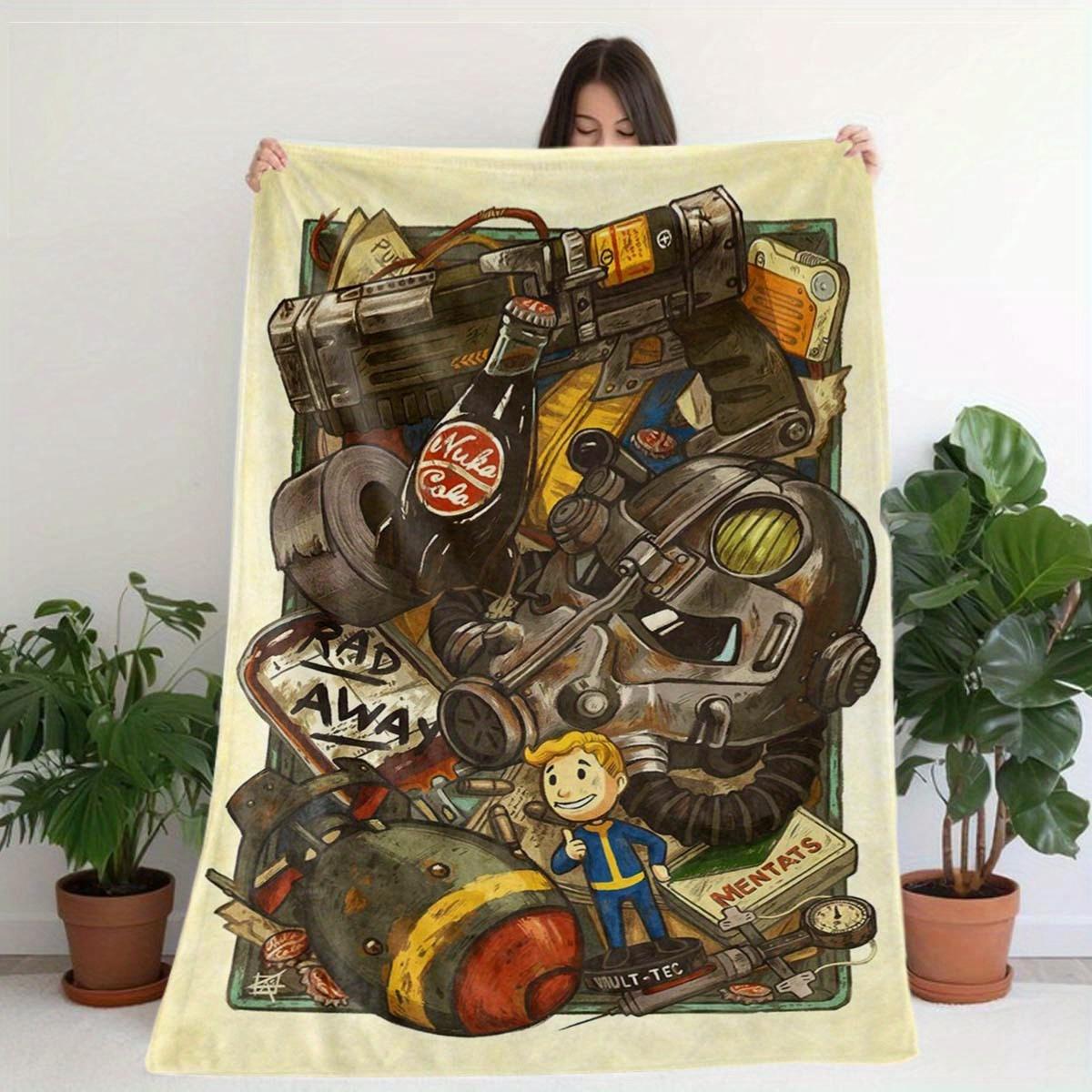 Fallout themed printed flannel blanket with retro game design, suitable for sofa, bed, office and outdoor use, lightweight and durable bedroom chair decor halloween decoration soft flannel shawl
