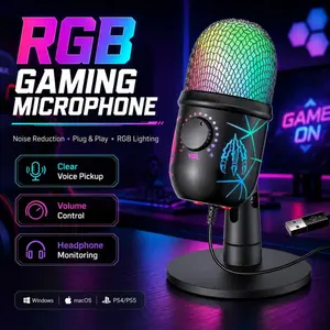Game Microphone with Noise Reduction, USB Computer Mic with LED Light, Plug and Play, Compatible with PC, Phone, MAC, Ps4/5, Condenser Mic for Recording, Youtube, Live Streaming