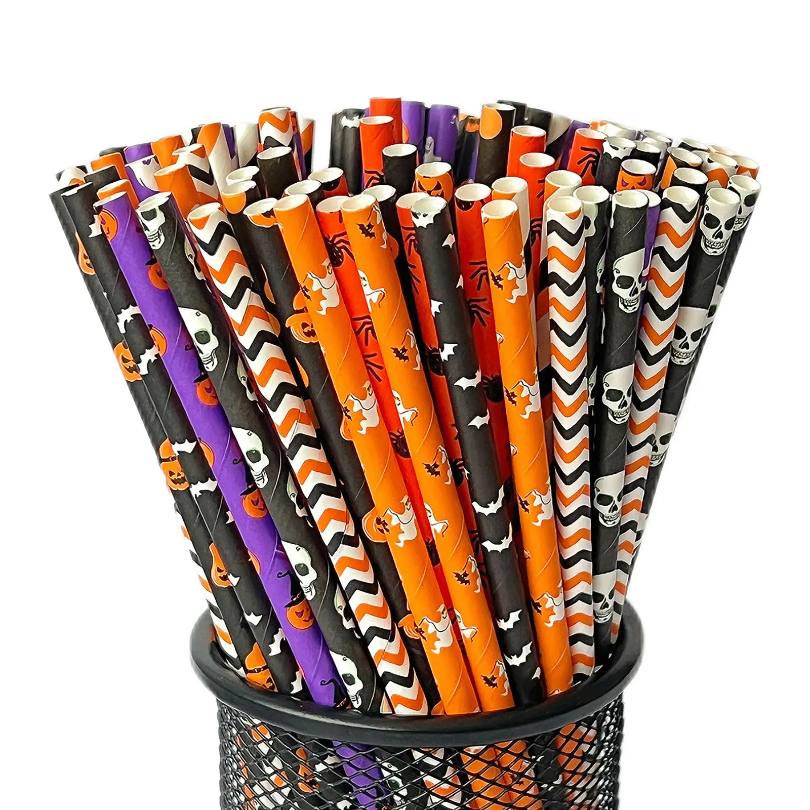 150 Halloween Paper Straws, Pumpkin Bat Spider Web Skull Designs, Party Supplies, Birthday Decor, Disposable Paper Straws