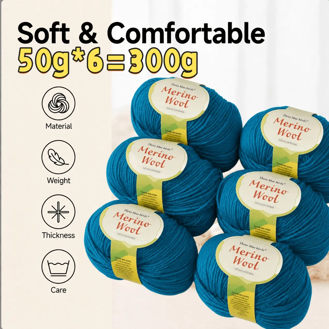 6 Balls 300g Merino Wool Yarn, 90% Merino 10% Polyester, Medium Twist, Soft & Comfortable, Ideal for Knitting, Crochet, Fall Winter Projects