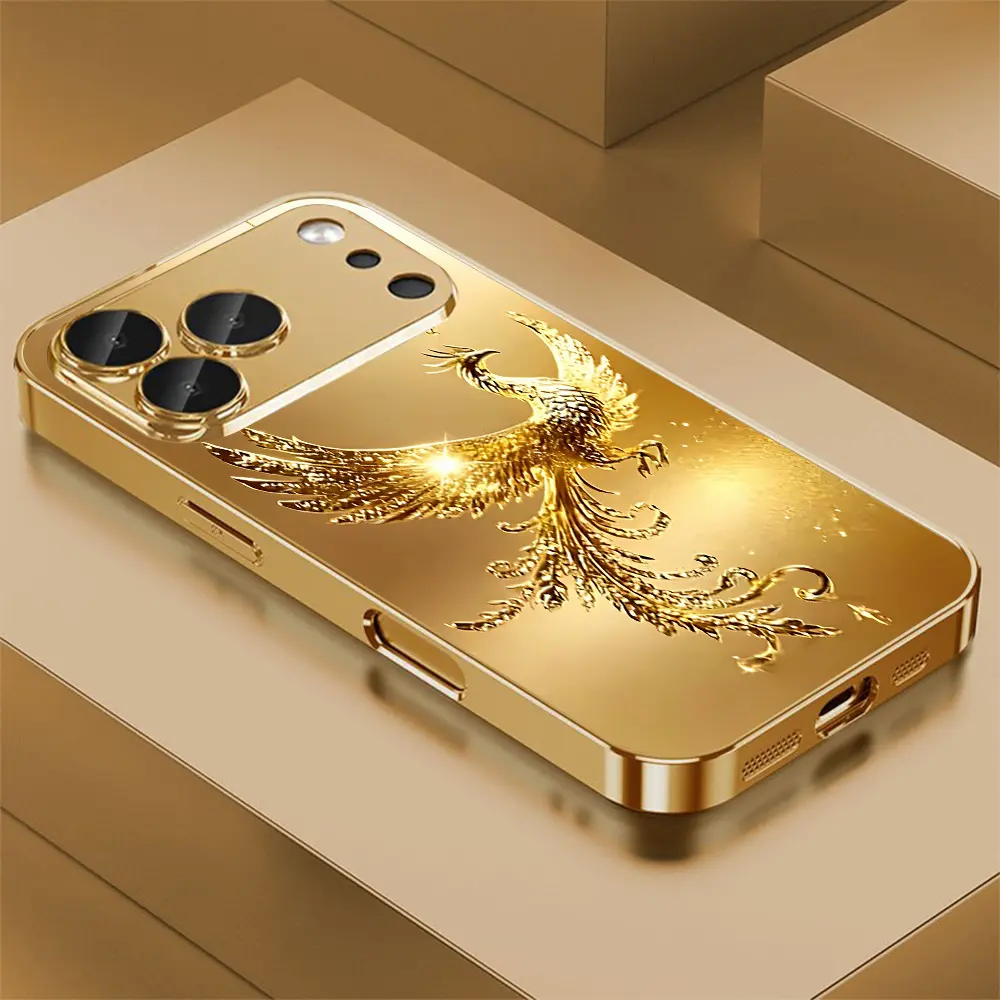 Shiny Golden Phoenix 2D Printed Pattern Phone Case,High Definition Glass Design Phone Protection Case, Suitable for iPhone 17 Pro Max 16 15 14 13 12 11 Samsung Galaxy S25 Ultra S24 S23 S22 S21 S20 A Series All Inclusive Phone Case-ZQ186