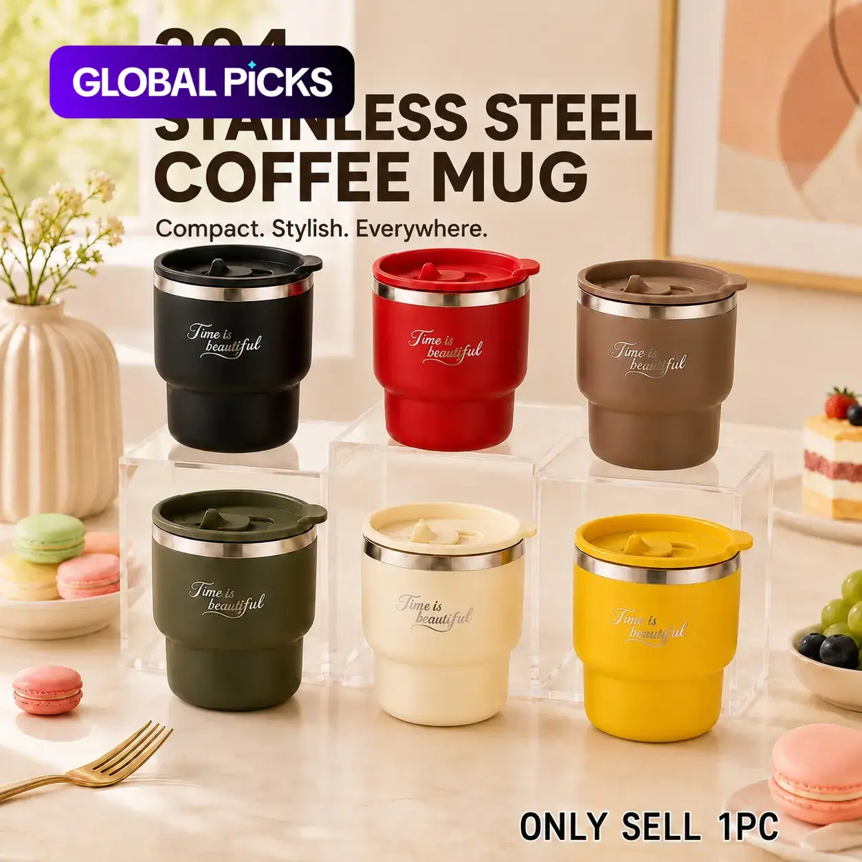 1PC 304 Stainless Steel Mug with Lid & Handle, Double-Wall Durable Coffee Cup for Coffee, Tea, Milk, Hot or Cold Drinks, Stylish Drinking Cup for Home, Office, Reading, Commuting, Travel & Camping, Practical Gift for Men & Women #GLOBAL PICKS