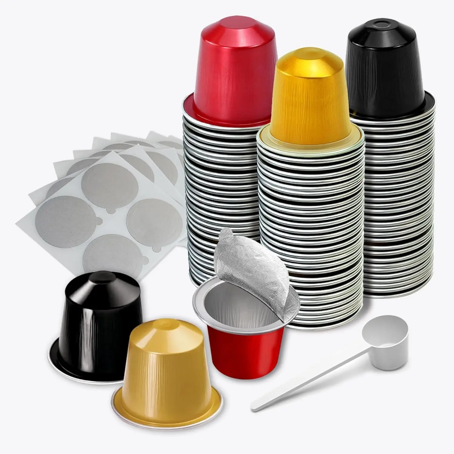 Espresso Capsules Refillable Coffee Pods For Nespresso Original Line,Disposable Aluminum Coffee Filter Capsule,Replacement Pods Kit For Nespresso Machine (60 Foil Seals Lids+60 Pods+1 Spoon)