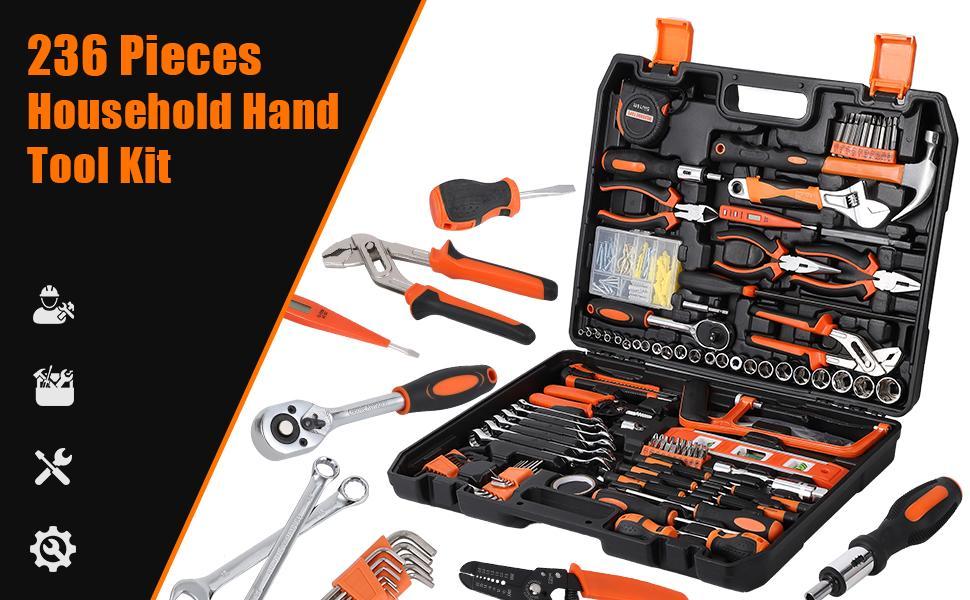 236 Piece Tool Set, Auto Repair Tool Combination Package, Socket Wrench Mixed Tool Set Hand Tool Kit with Plastic Toolbox Storage Case, Complete Household Tool Box with Essential Tools