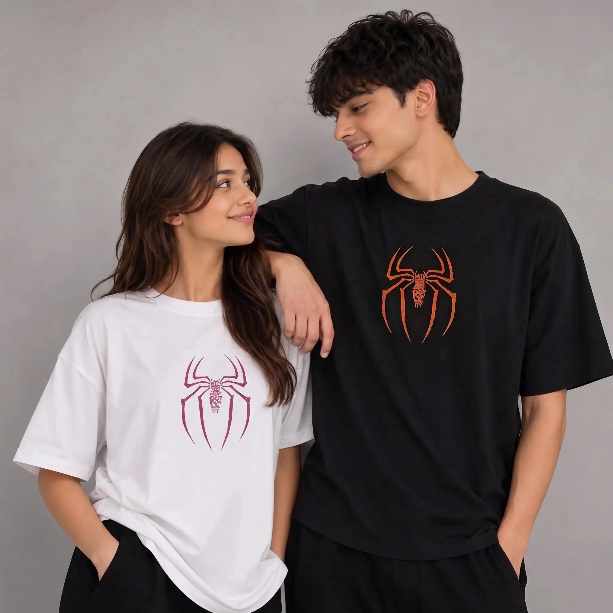 Retro Spider Web Halloween Ghost Graphic Tee, Oversized Cotton Compression Shirt Couples Matching Workout Tops, Cute Boyfriend Girlfriend Superhero Streetwear Outfit