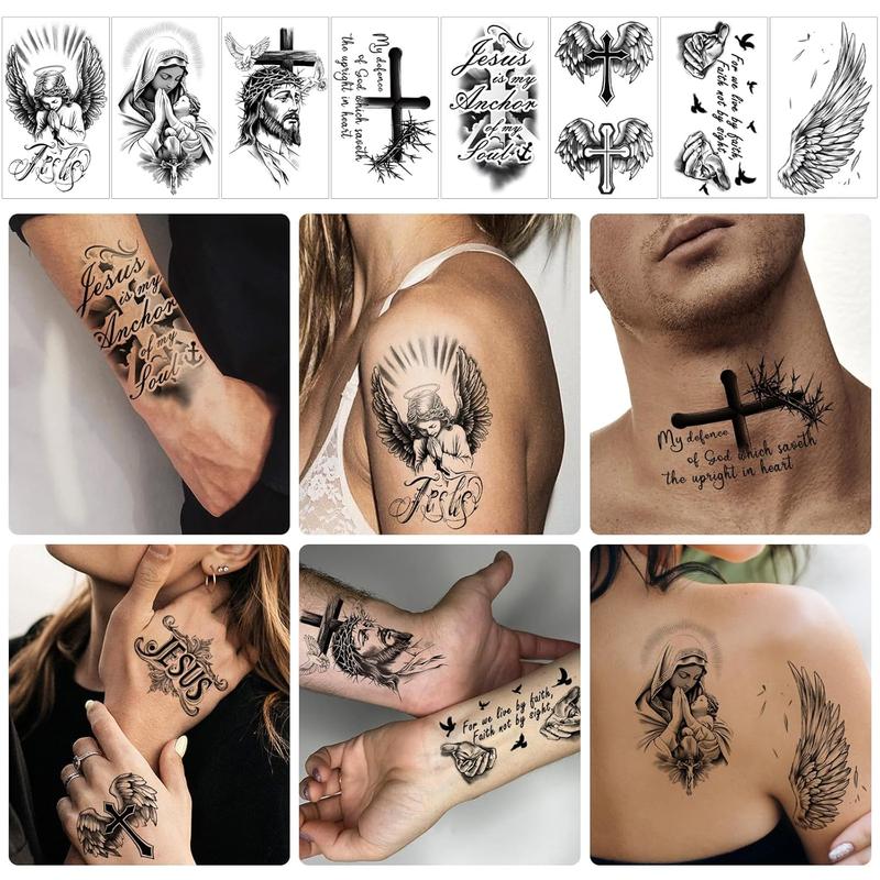 77 Sheets Christian Temporary Tattoo Adult Men Women Kids Religious Jesus Cross God Christ Catholic Realistic Half Sleeve Body Fake Tattoos Stickers
