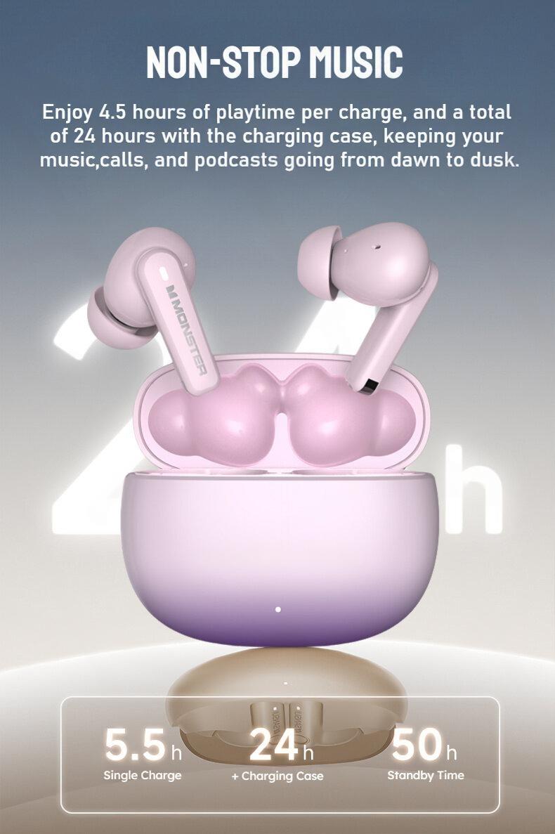Monster XT02 TWS Wireless Earphone ANC+ENC Noise Cancelling Waterproof Long Endurance HD Call Earbud