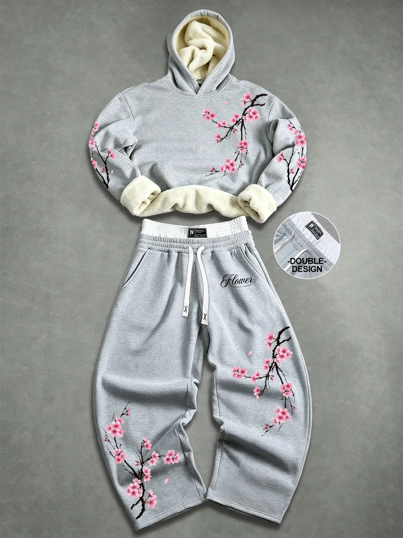 Cozy Thermal Sherpa-Lined Sakura Floral Hoodie & Sweatpants Set - Warm Fleece Sweatshirt & Loose-Fit Double Waistband Sweatpants (Casual Winter Loungewear / Travel Set)