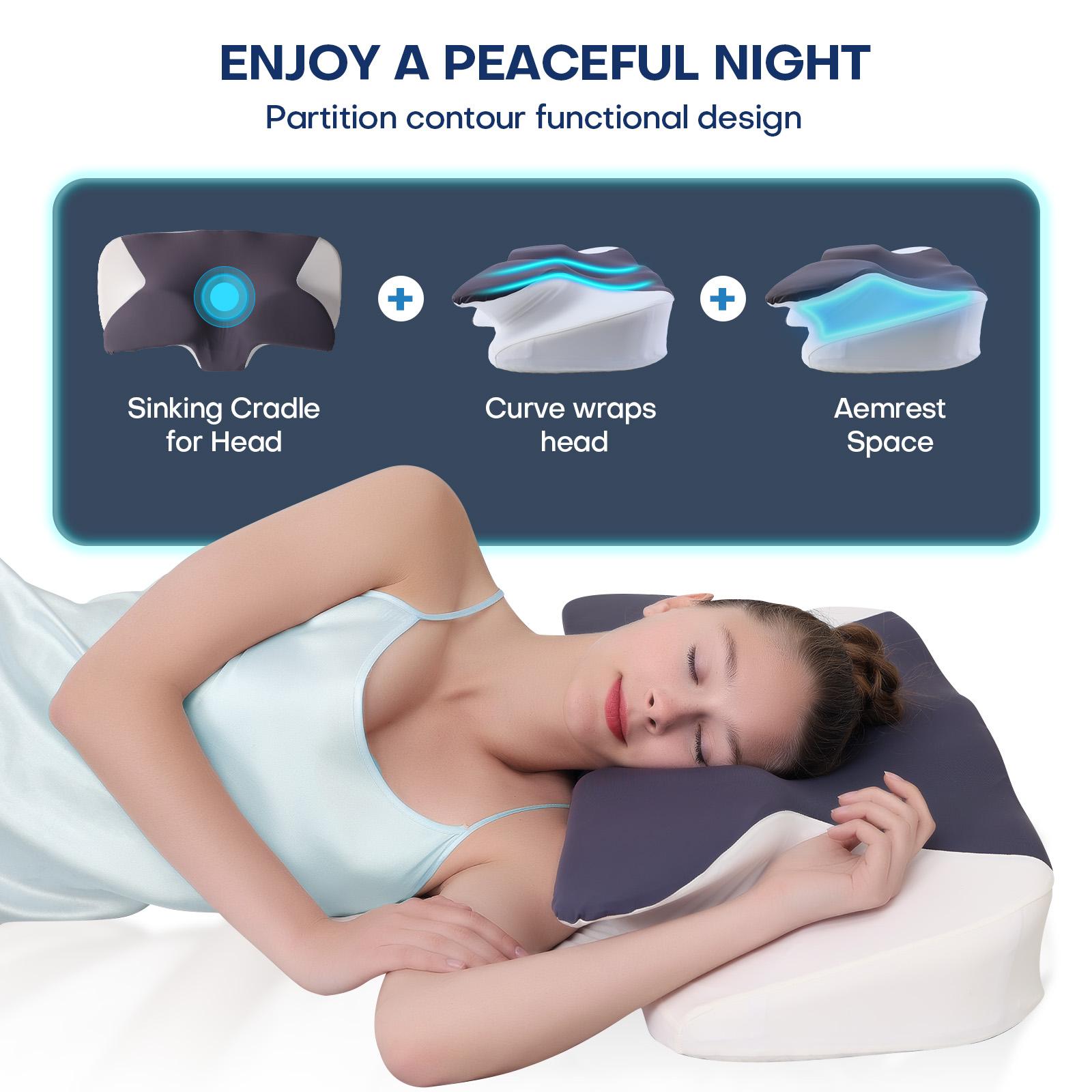 Extra-wide, oversized neck pillow High-quality supportive memory foam pillow Two heights available Washable, breathable pillowcase Enlarged armrest area for Side Sleep Stomach Sleeping and Back Sleepers