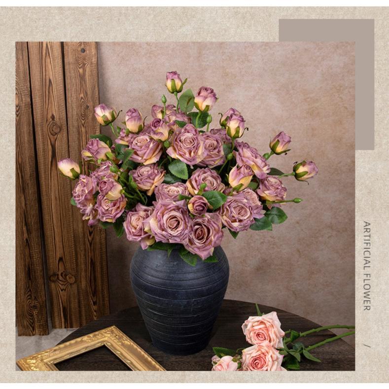 French Style Artificial Single Branch 3-Head Burnt Edge Rose Vintage Home Living Room Decoration Fake Dried Flower Bouquet High-End Feel