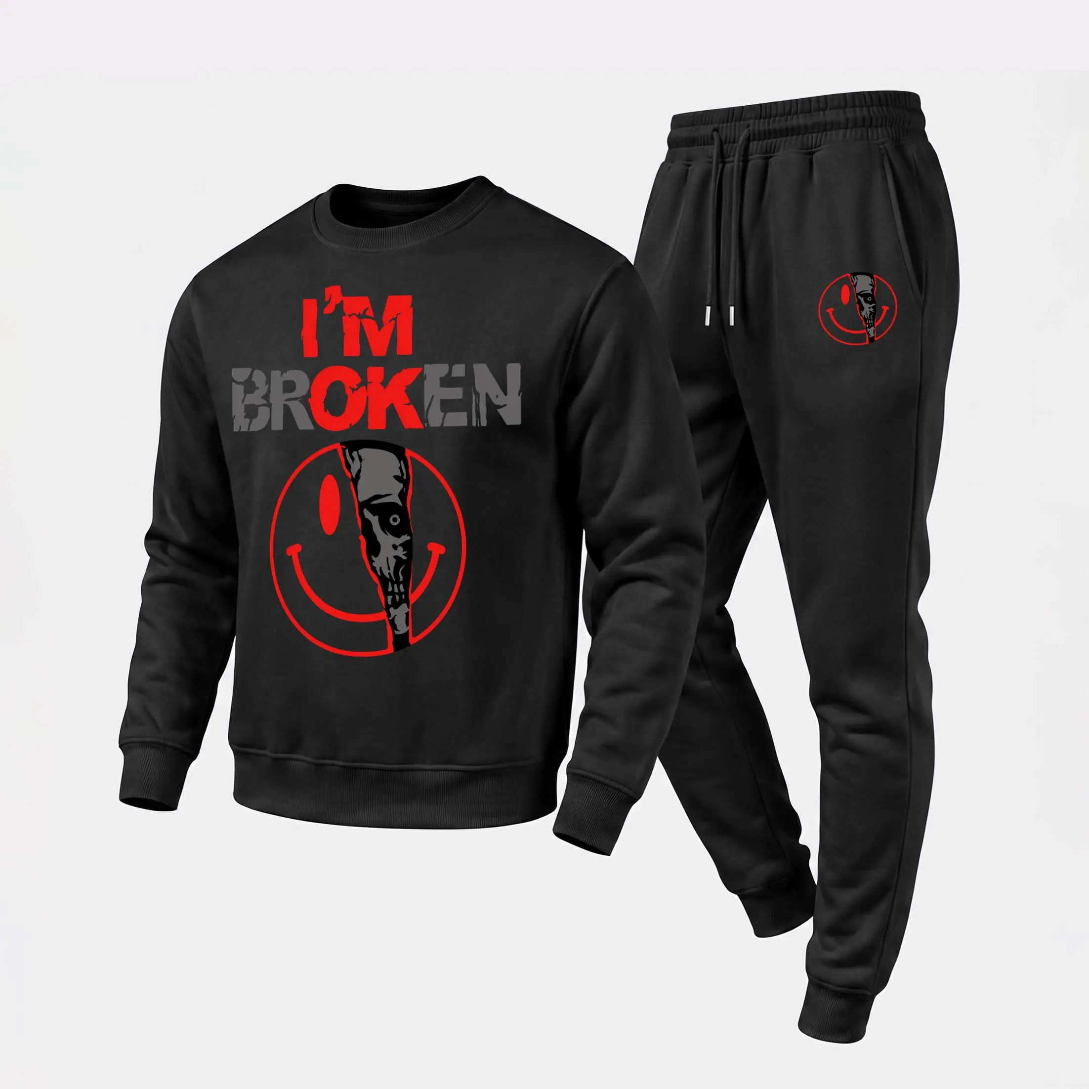 Men's "I'm Broken" Smiley Face Graphic Crewneck Sweatshirt and Jogger Pants Set, Casual Long Sleeve Pullover with Drawstring Sweatpants, Fall Winter Tracksuit for Daily Wear, Travel, Lounge, Workout and Indoor Outdoor Activities