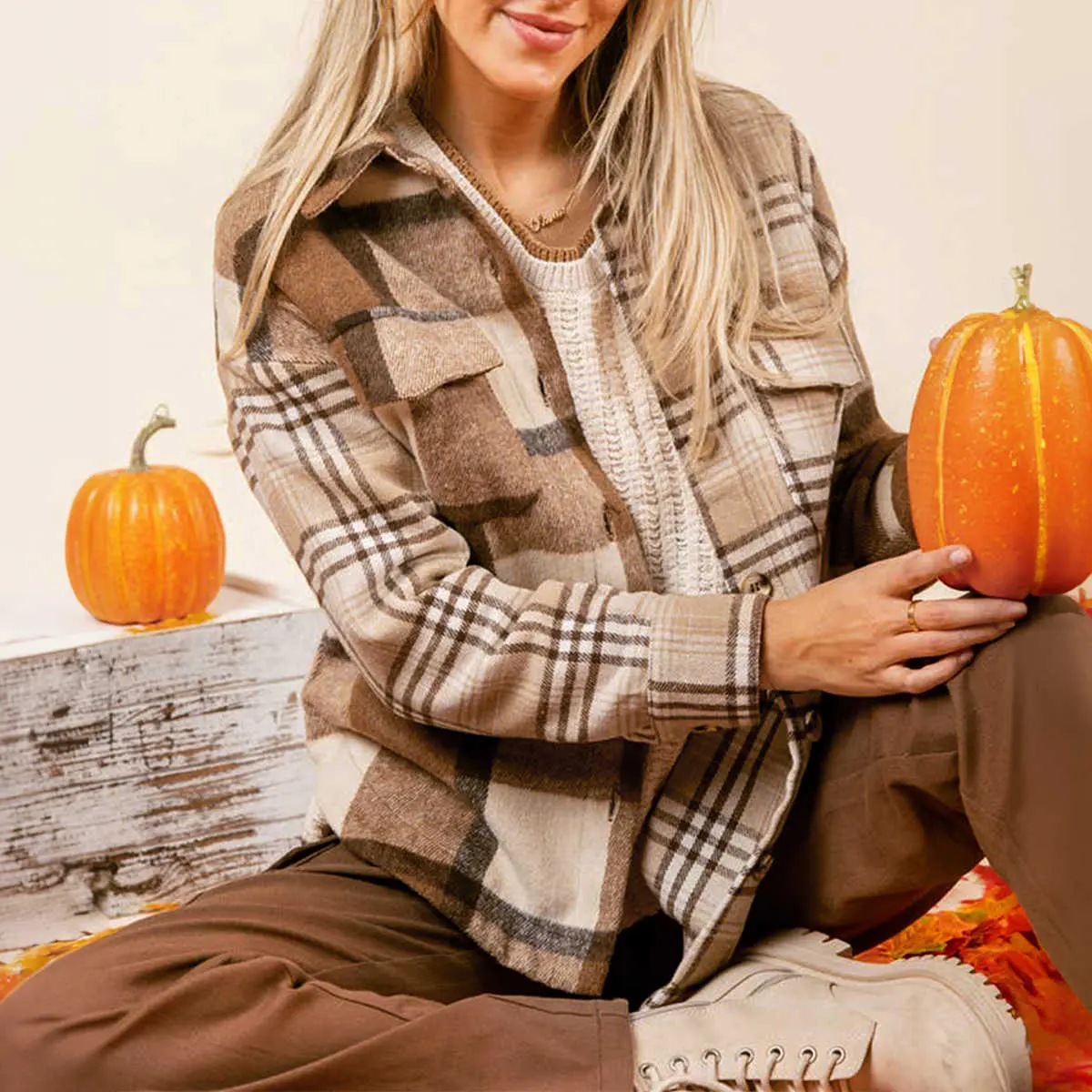 Light French Beige Flannel Plaid Double Flap Pocket Shacket