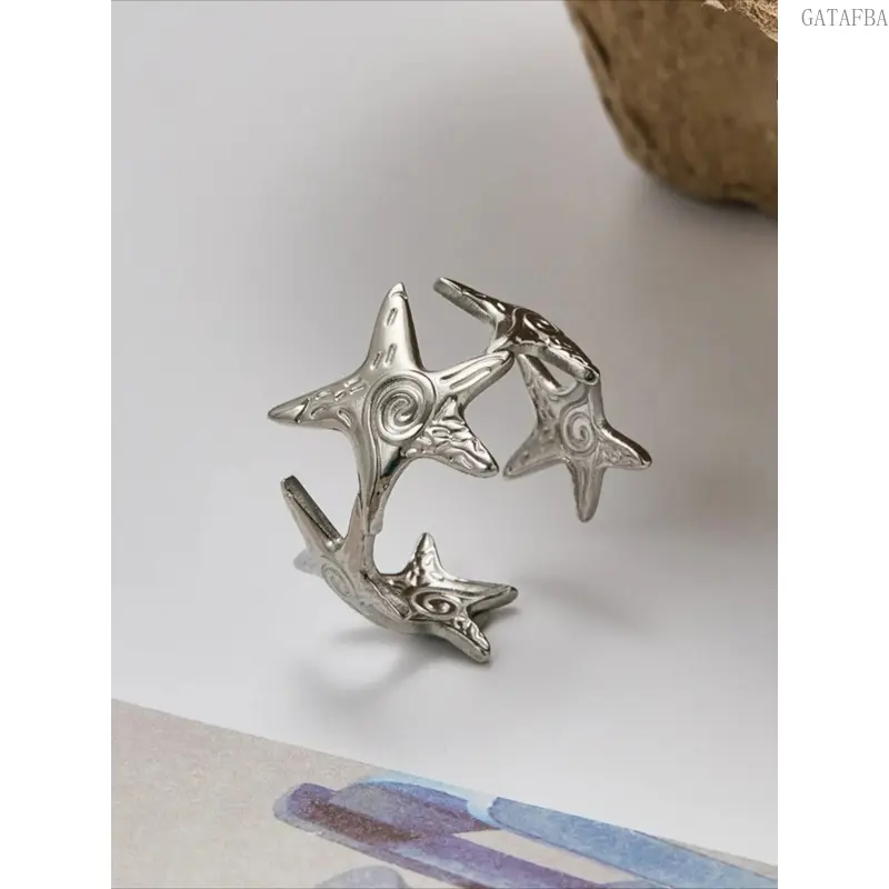 Whimsical Irregular Starfish Open Stainless Steel Ring - Non Tarnish, Non Fading Eco Metal, Plain, 1-Size Statement Stackable Band - Accessories for Women, Daily/Party Gift (Sports & Outdoor Apparel Accent)
