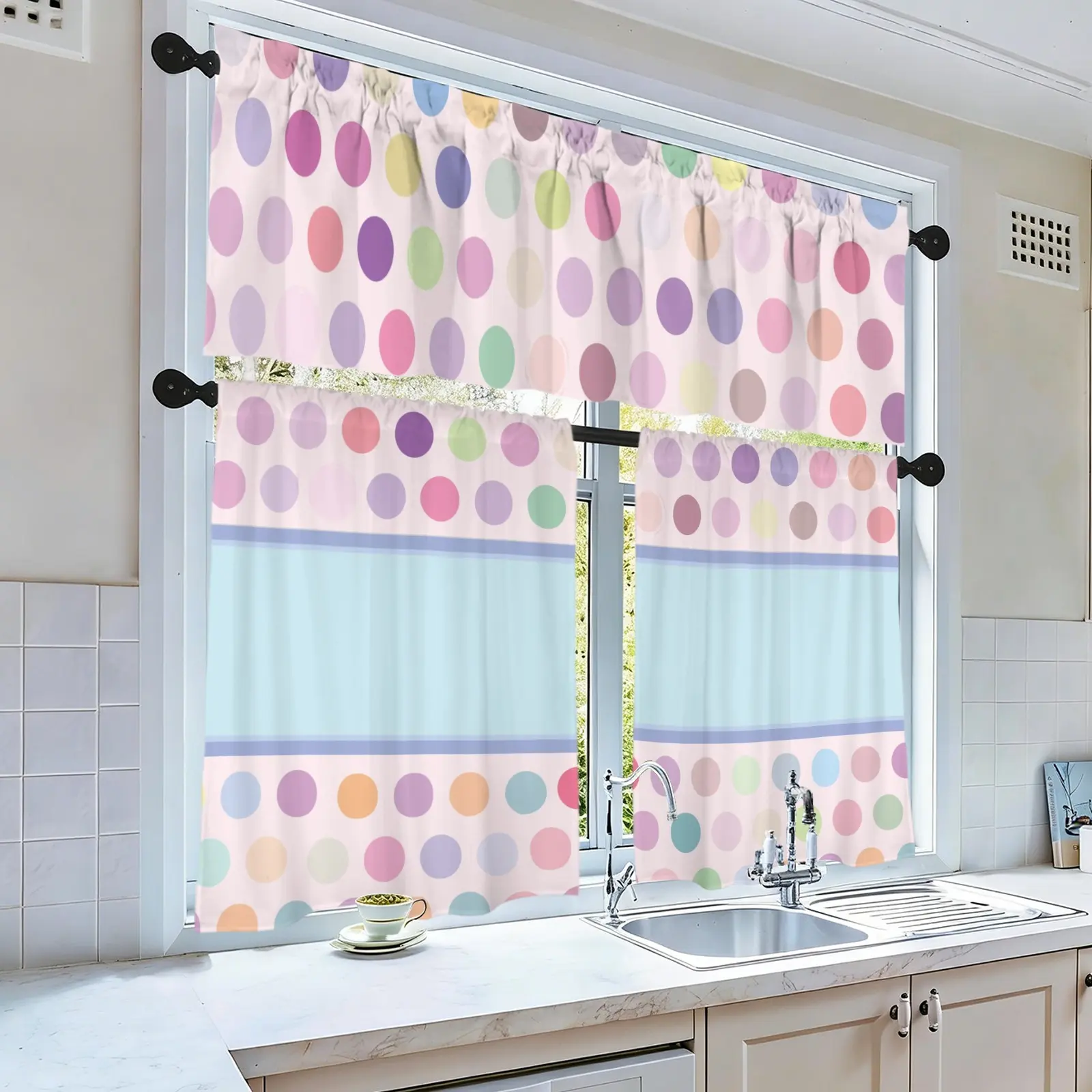 Semi-Sheer Color Block Polka Dot Striped Tier Curtain Sets - Short Length Rod Pocket Drapes, Multi-Use Privacy Shield, Machine Washable Decorative Window Treatments for Kitchen, Farmhouse Home