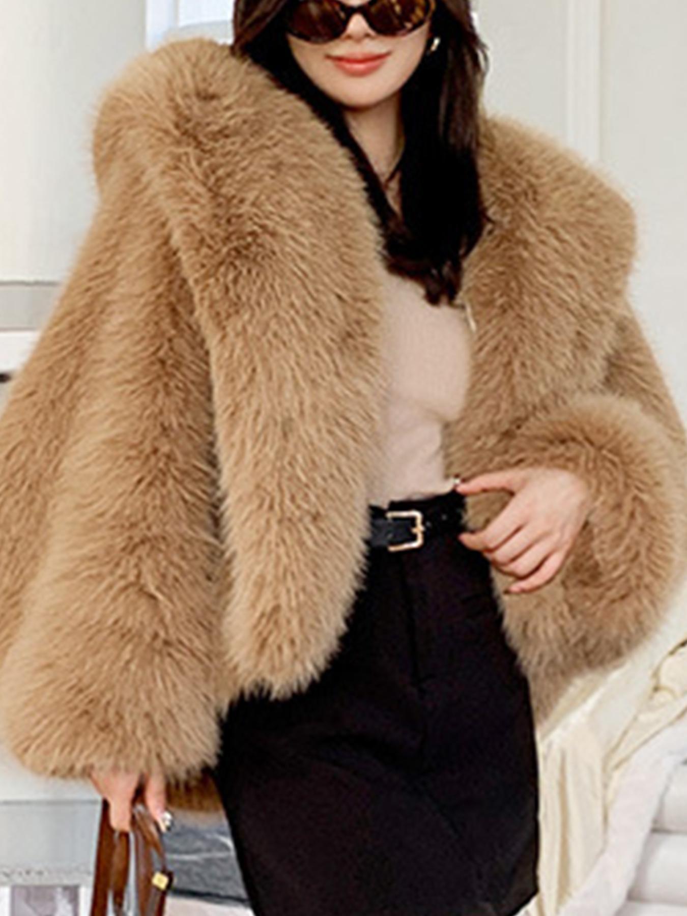 Women's Solid Color Hooded Faux Fur Coat, Casual Loose Long Sleeve Thermal Jacket for Fall & Winter, Women's Clothing for Daily Wear