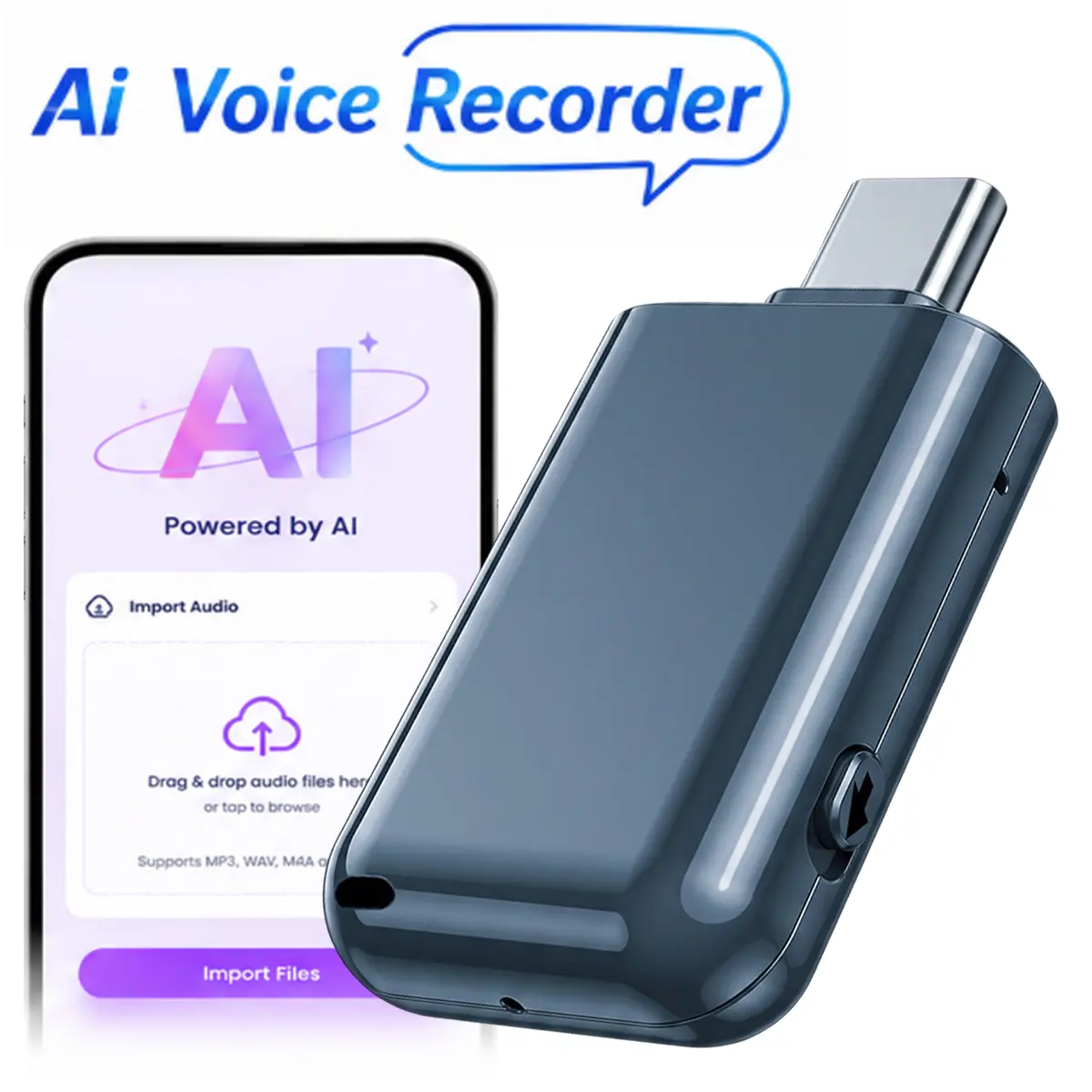 AI Voice Recorder, Transcribe & Summarize with AI Note Taker for Meetings & Calls, Supports APP Online & Offline REC, 200+ Language Translation & Noise Cancellation, Ultra-Slim