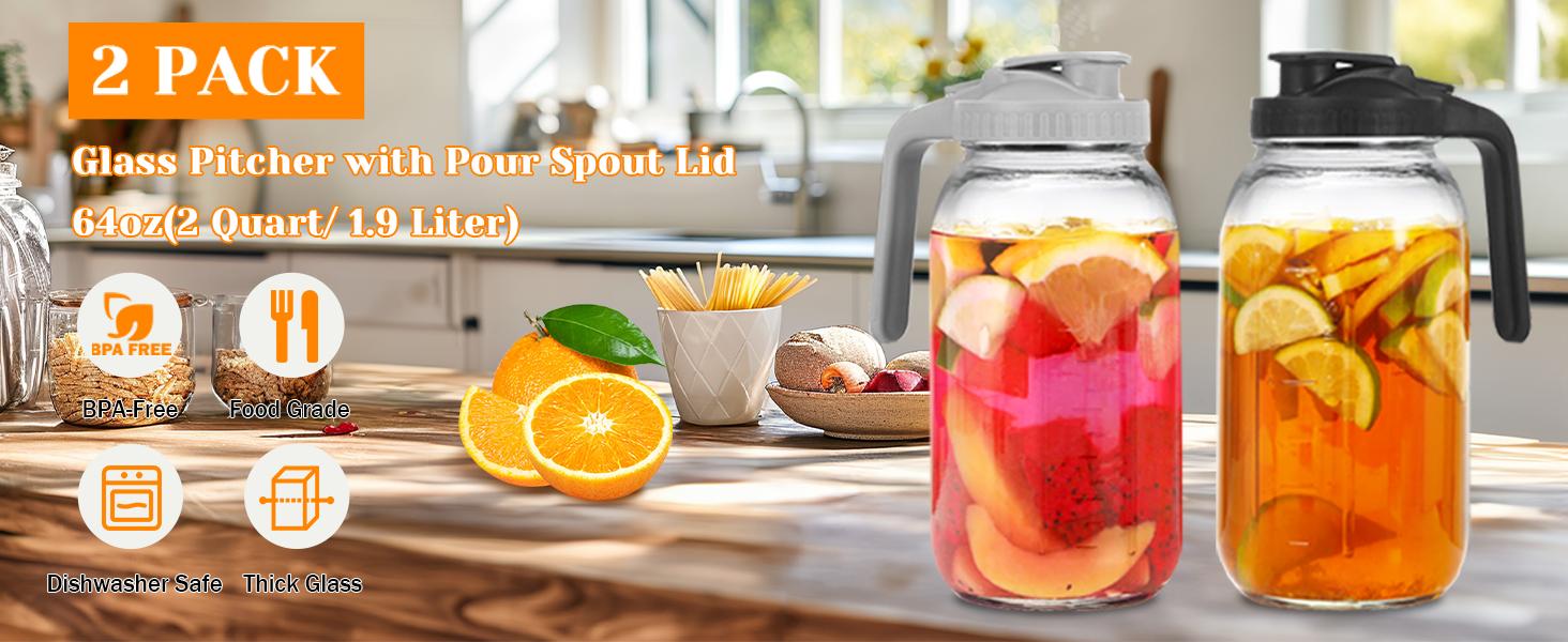 2 Pack Glass Pitchers with Lid, 64 oz Sun Tea Pitcher, Half Gallon Mason Jar Pitcher with Wide Mouth Airtight Lid for Ice Tea, Cold Brew Coffee, Fridge Water, Milk, Juices, Leak Proof Water Jug
