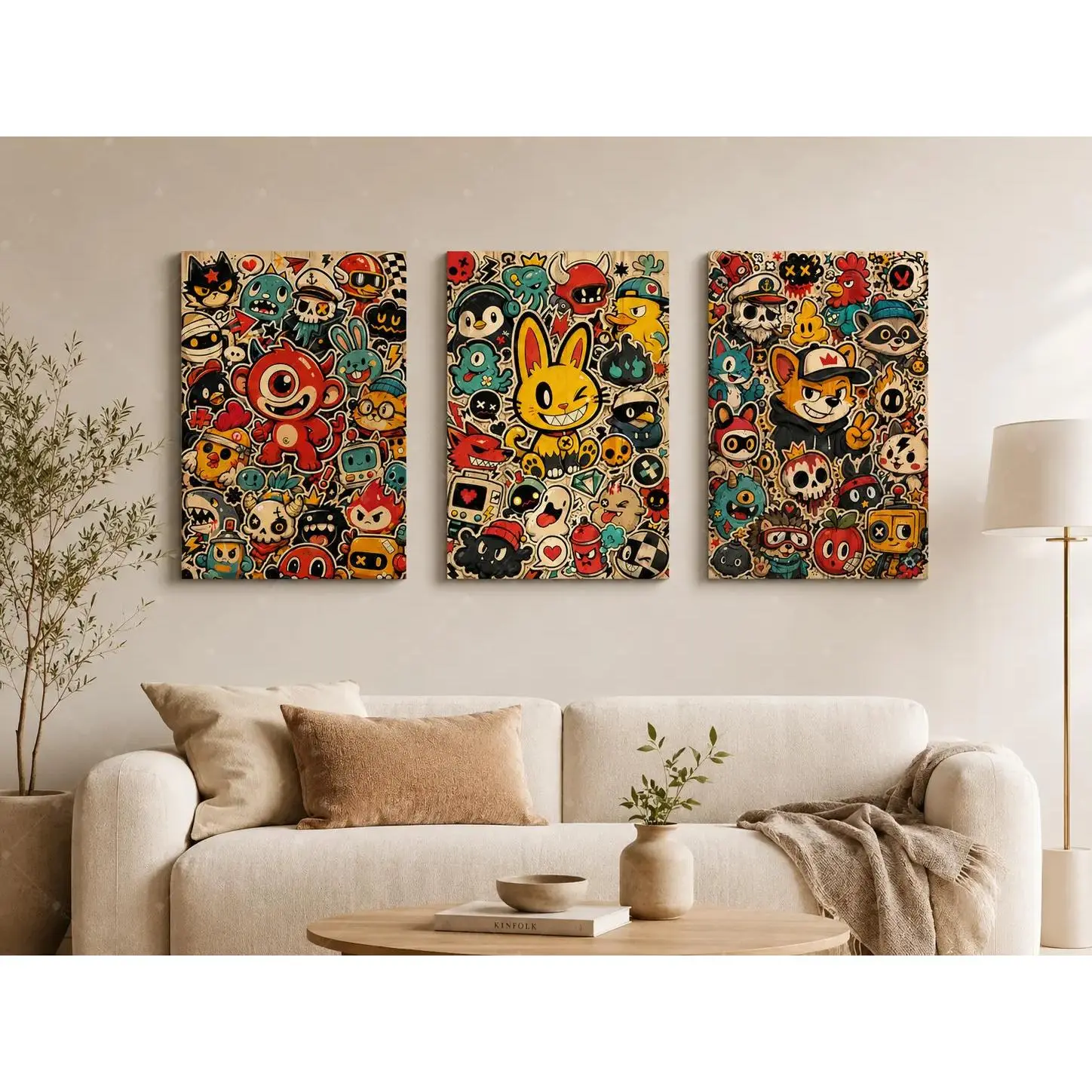 Cartoon Doodle Monster Triptych Canvas Poster Set, Retro Streetwear Wall Art, Cute Graffiti Print for Teen Bedroom, Gaming Room, Living Room, Modern Aesthetic Home Decor Gift,wall decor,poster.